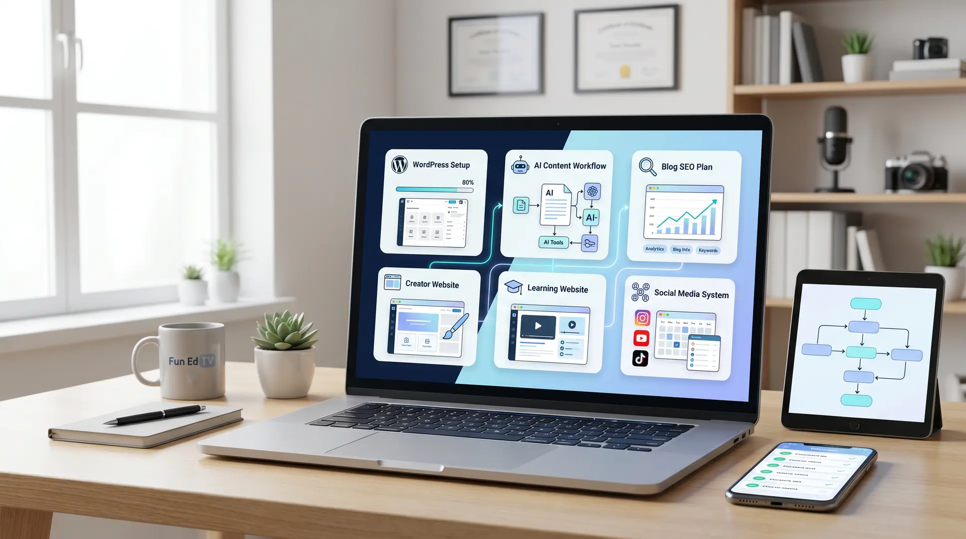 Digital services for creators including WordPress setup, AI content workflow, and SEO planning